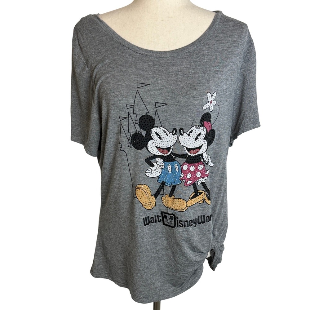 Disney Parks Walt Disney World Mickey Minnie Rhinestone Gray Knot T-Shirt Large